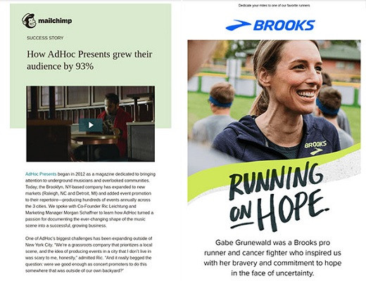 E-Mail-Newsletter mit dem Erfahrungsbericht eines Mailchimp-Kunden und eines Markenbotschafters von Brooks.