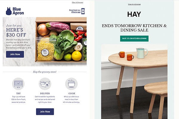 Der E-Mail-Newsletter von Blue Apron mit einem 30-Dollar-Gutschein und eine E-Mail von Hay zur Ankündigung eines Sonderangebots.