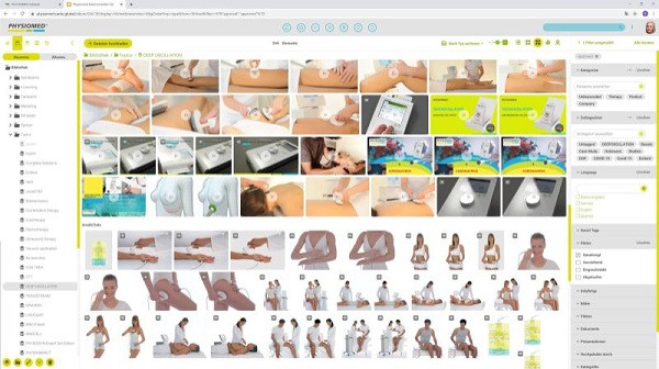 Ein Screenshot der Canto Bilddatenbank bei Physiomed mit Vorschau von Videos und Bildmaterial.