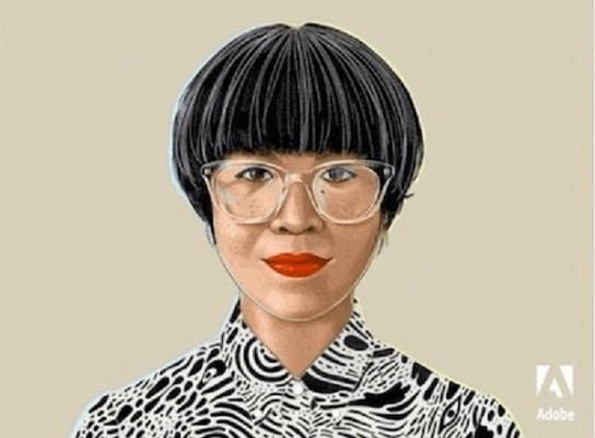 Illustration einer Frau mit einem trendigen Haarschnitt, leuchtend rotem Lippenstift und einer durchsichtigen Kunststoffbrille.