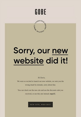 Eine E-Mail von Gobe, die besagt: 'Tut uns leid, unsere neue Webseite war schuld'.