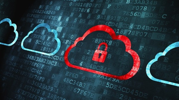 Ein rotes Wolkensymbol mit einem Vorhängeschloss und Buchstaben und Zahlen im Hintergrund.