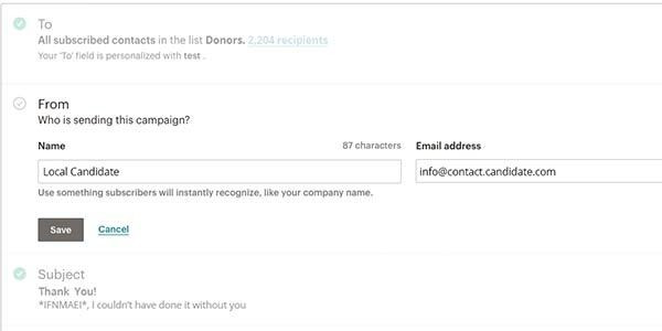 Menü zum Bearbeiten des Absenderfelds in einem Programm für E-Mail-Marketing.