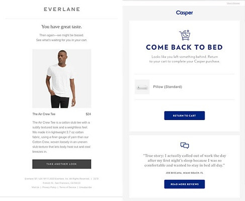 E-Mails von Everlane und Casper zu unvollständigen Einkäufen.