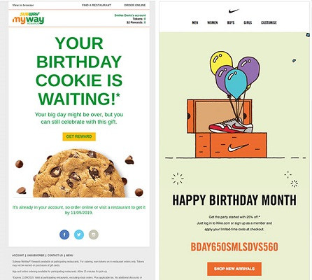 Geburtstags-E-Mails von Subway und Nike.