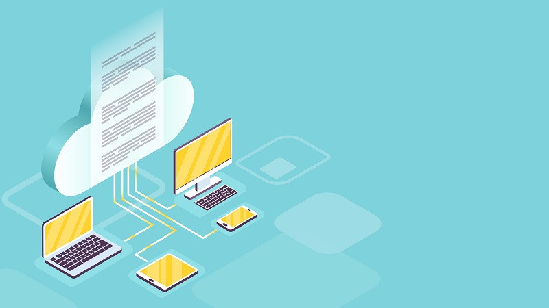 Mehrere Computer und Mobilgeräte, die mit einer Wolke vernetzt sind.