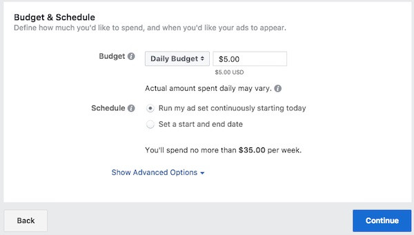 Screenshot des Formulars für Anzeigengebote von Facebook.