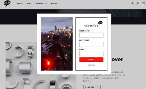 Screenshot der Webseite von Knog mit einem Popup-Formular für die E-Mail-Anmeldung.