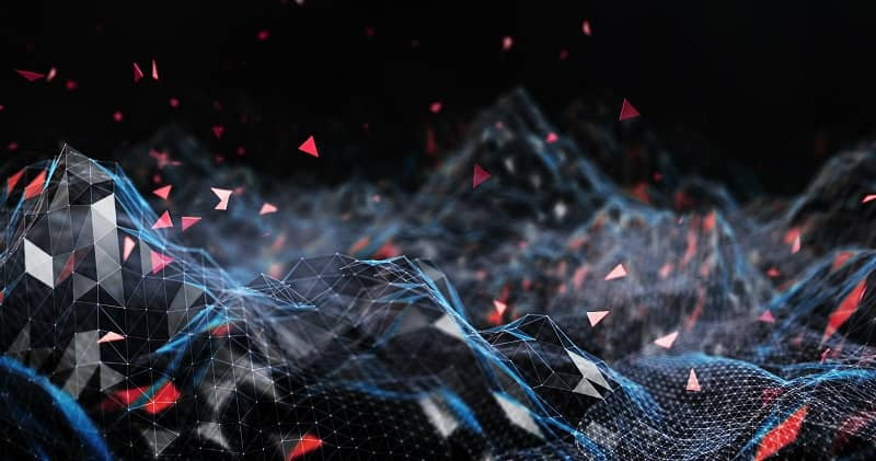 Digitale Darstellung einer Fläche mit topografischen Merkmalen, die von einem Netzwerk aus Datenpunkten überlagert wird.