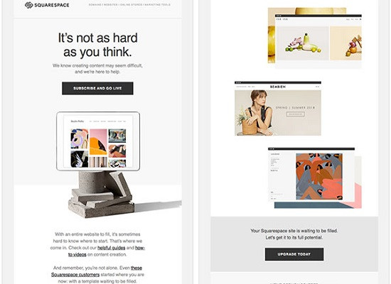 Screenshot einer E-Mail von Squarespace, die während einer kostenlosen Testphase versendet wurde.
