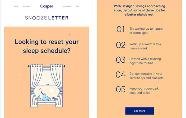 Screenshot einer E-Mail von Casper, die zeigt, wie Sie Ihren Schlafrhythmus zurücksetzen können.