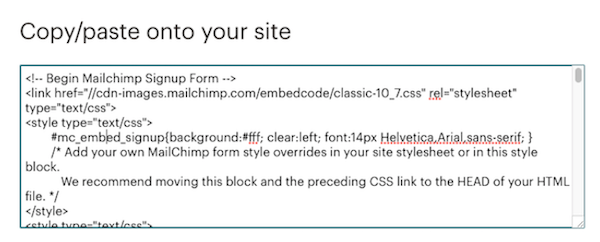 Von Mailchimp generiertes HTML zum Einbetten eines E-Mail-Anmeldeformulars auf einer Webseite.