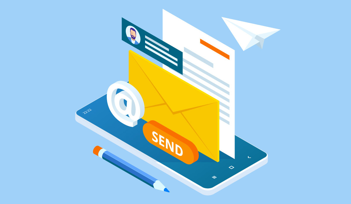 Illustration eines Kontaktdatensatzes mit E-Mail-Symbolen, die aus dem Display eines Mobiltelefons herausragen.
