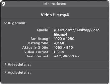 Die Detailangaben für Video-Metadaten unter Mac.