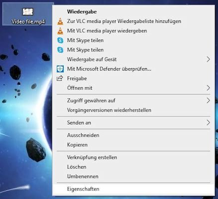 Das Kontextmenü für Eigenschaften.