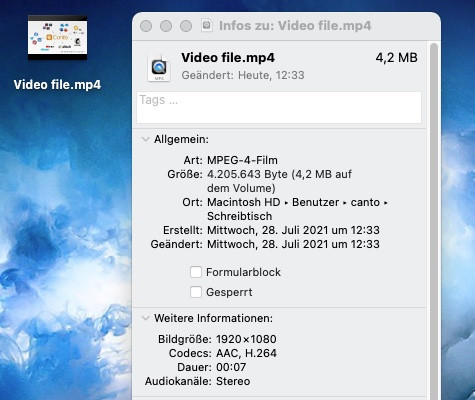 Ein Informationsfenster mit Video-Metadaten auf einem Mac.
