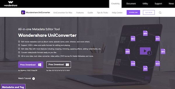 Die Webseite von Wondershare, eine weitere Software zum Betrachten von Video-Metadaten.
