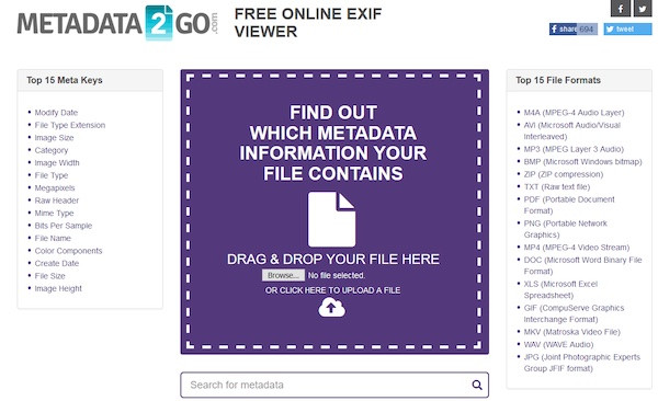 Die Benutzeroberfläche der Webseite von Metadata2go, einer cloudbasierten Anwendung zum Anzeigen von Video-Metadaten.