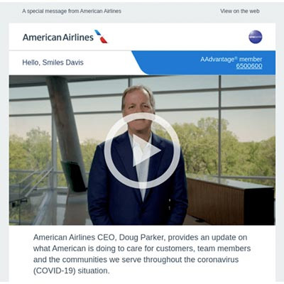 Screenshot aus einer E-Mail von American Airlines mit einer Videobotschaft des CEO.