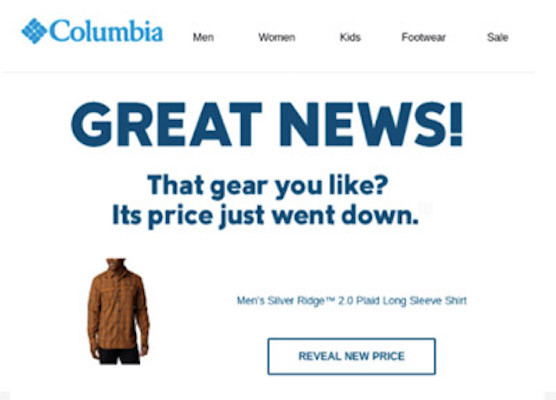 Eine Verlassener-Warenkorb-E-Mail von Columbia, die eine Preissenkung vermeldet.