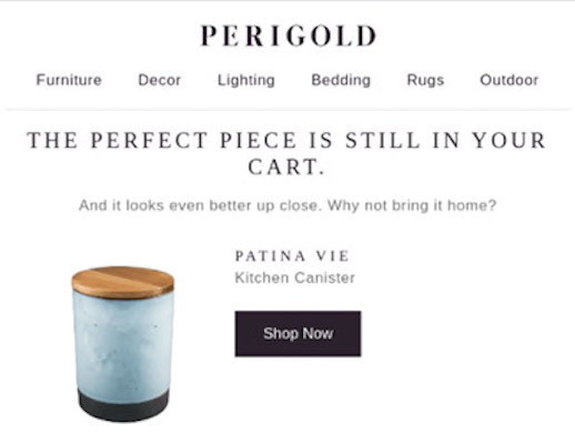 Screenshot einer verlassenen-Warenkorb-E-Mail von Perigold mit einem Küchenbehälter in blauer Marmoroptik.