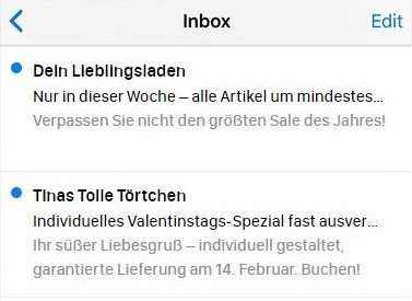 Lange Betreffzeilen auf einem iPhone-Bildschirm, die am Ende abgeschnitten werden.