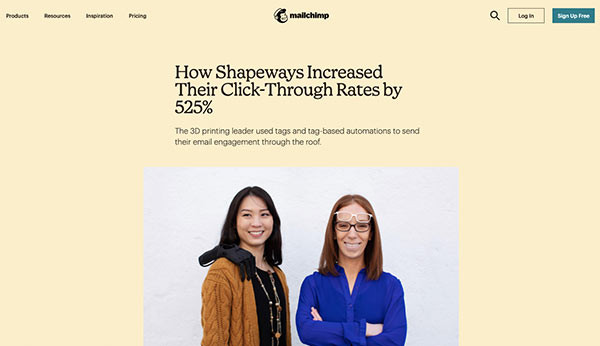 Screenshot des Fallbeispiels von Mailchimp über Shapeways CTR-Steigerung von 525 %.