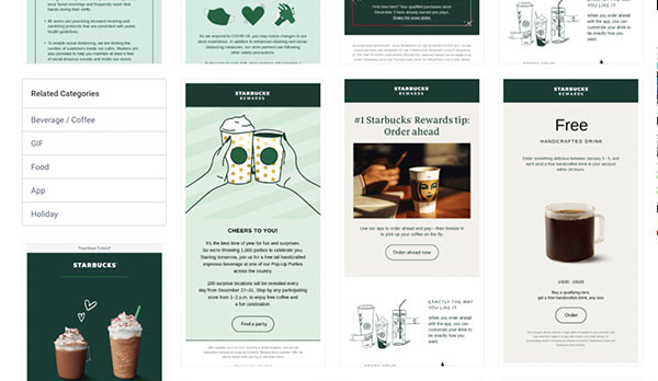 Screenshot einer Zusammenstellung von Starbucks-E-Mails in Really Good Emails, einem Beispiel für gute E-Mail-Marketing-Ressourcen.