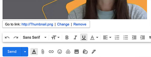 Das Verlinkungsmenü für inline eingebettete Bilder in Gmail, dass man braucht, wenn man Videos in E-Mails einbetten will.