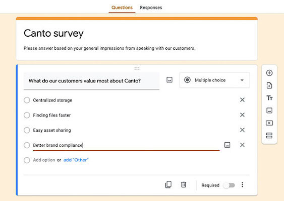 Screenshot eines Fragebogens namens Canto Umfrage im Editor von Google Formulare.