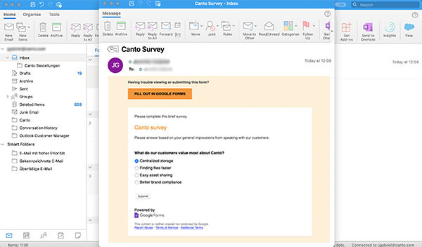 Ein Screenshot zeigt, wie es in Outlook aussieht, wenn Sie ein Google-Formular in E-Mails einbetten.