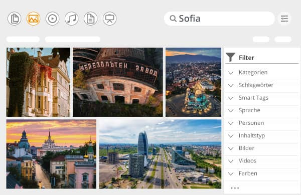 In der Digital Asset Management-Medienbibliothek werden Fotos von Sofia in Bulgarien als Suchergebnisse angezeigt.