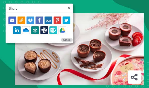 Eine Abbildung von Godiva Pralinen und ein Dialogfenster in Canto, das die Freigabemöglichkeiten anzeigt.