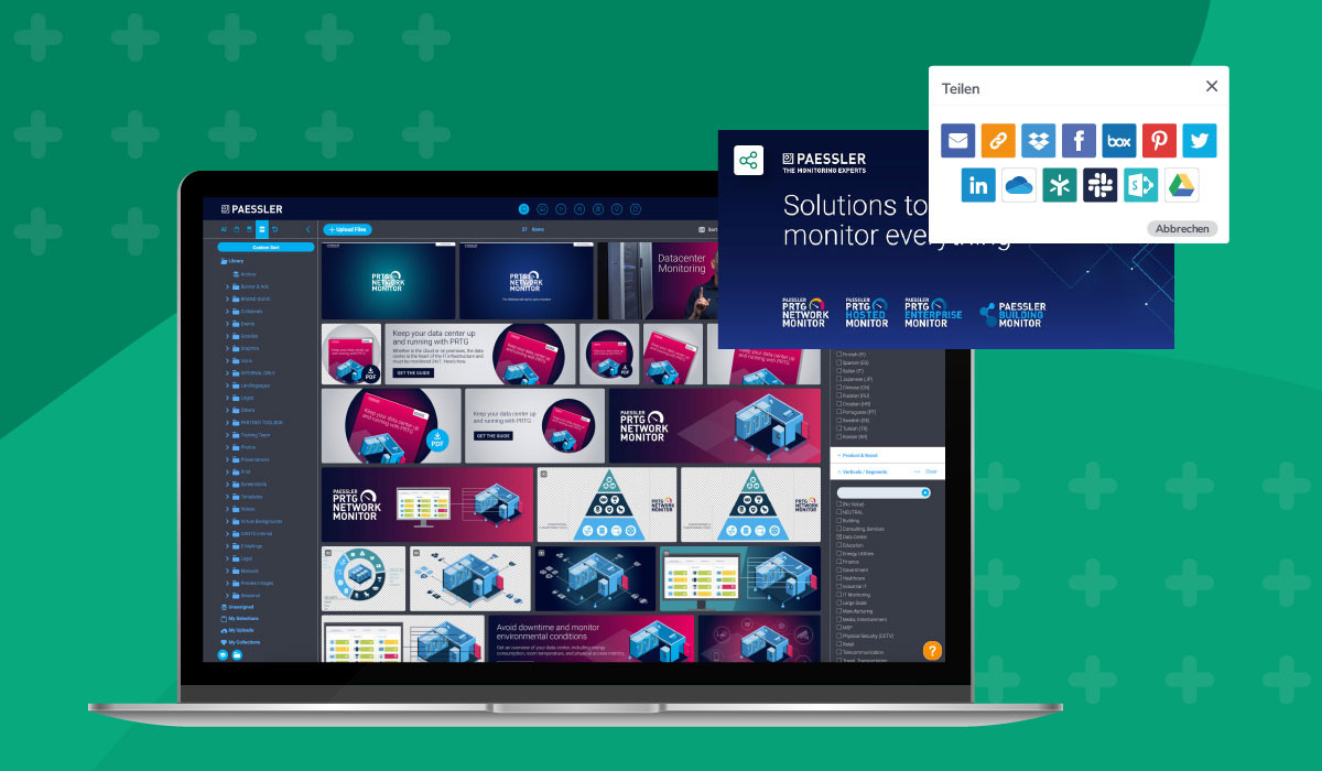 A number of assets in the digital asset management library of Paessler, with a popup window showing symbols for sharing options.