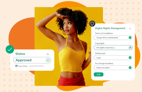 Abbildung einer Modemarke mit Dialogfenstern für Digital Rights Management und Freigabestatus in der Benutzeroberfläche von Canto.
