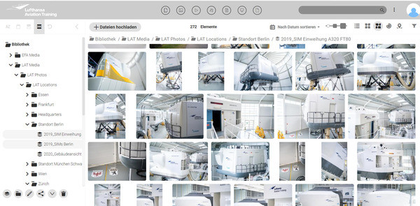 Screenshot der Canto Medienbibliothek von Lufthansa Aviation Training, der Bilder von den Simulatoren zeigt.