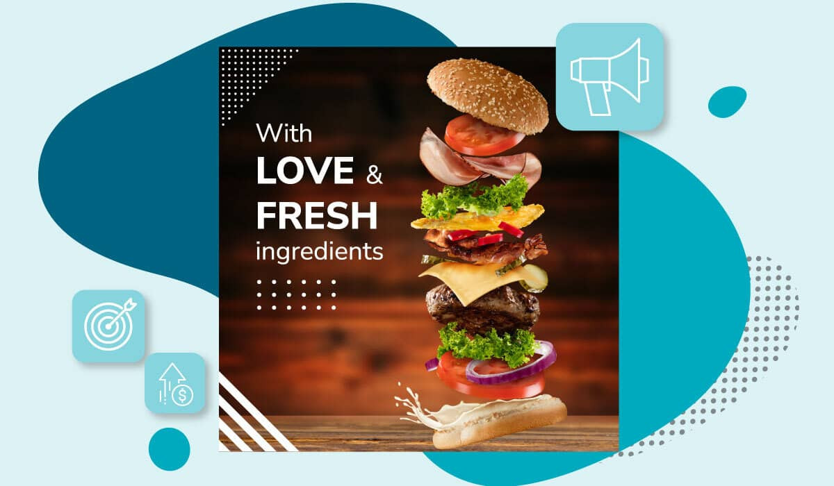 Werbung mit einem Hamburger, dessen Beläge an ihren jeweiligen Platz fallen.