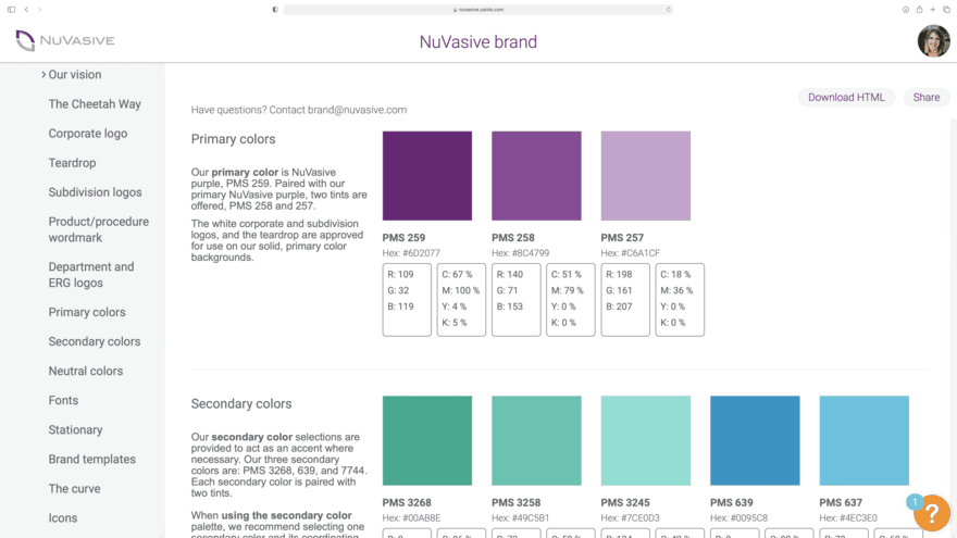 Screenshot des detaillierten Brand Guides von Nuvasive, der in ihrer Canto Asset-Bibliothek gehostet wird.