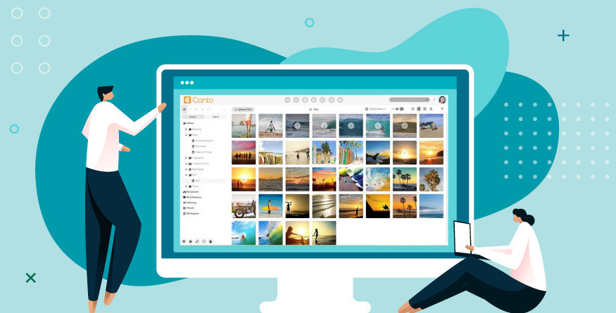 Zwei Mitarbeiter nutzen eine Digital Asset Management-Lösung zum Speichern und Verwalten ihrer Assets, mit denen Sie Inhalte auffrischen und sie auch für andere Zwecke nutzen können.