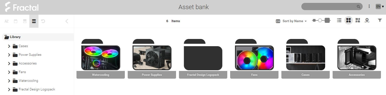 Screenshot der Canto Medienbibliothek von Fractal Design, in der die digitalen Assets in einer Ordnerstruktur angezeigt werden.