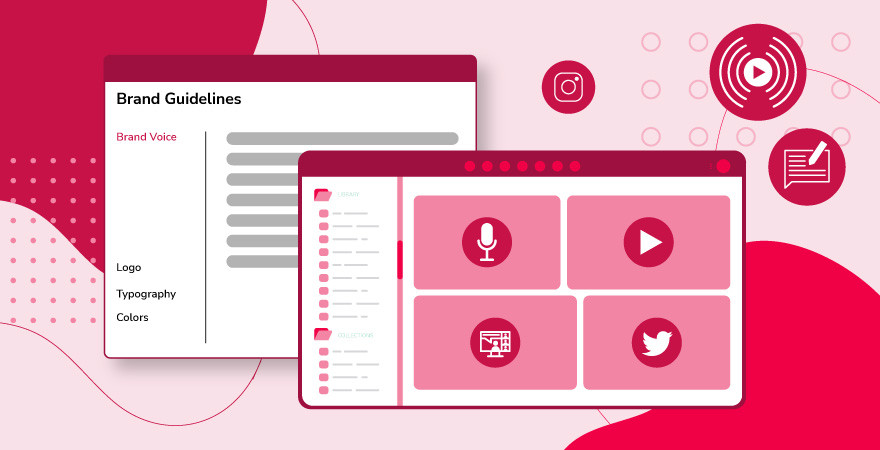 Eine Medienbibliothek mit digitalen Inhalten enthält Beispiele für digitale Assets in rot.