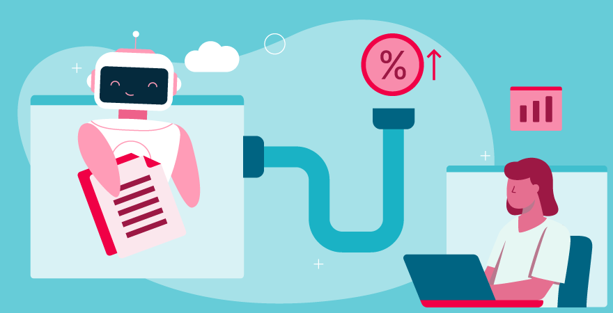 Eine Person am Laptop neben einem Roboter, der ein Dokumentsymbol hält, das zu einem Prozentzeichen führt, um darzustellen, wie von KI erstellte Inhalte die Produktion skalieren können.