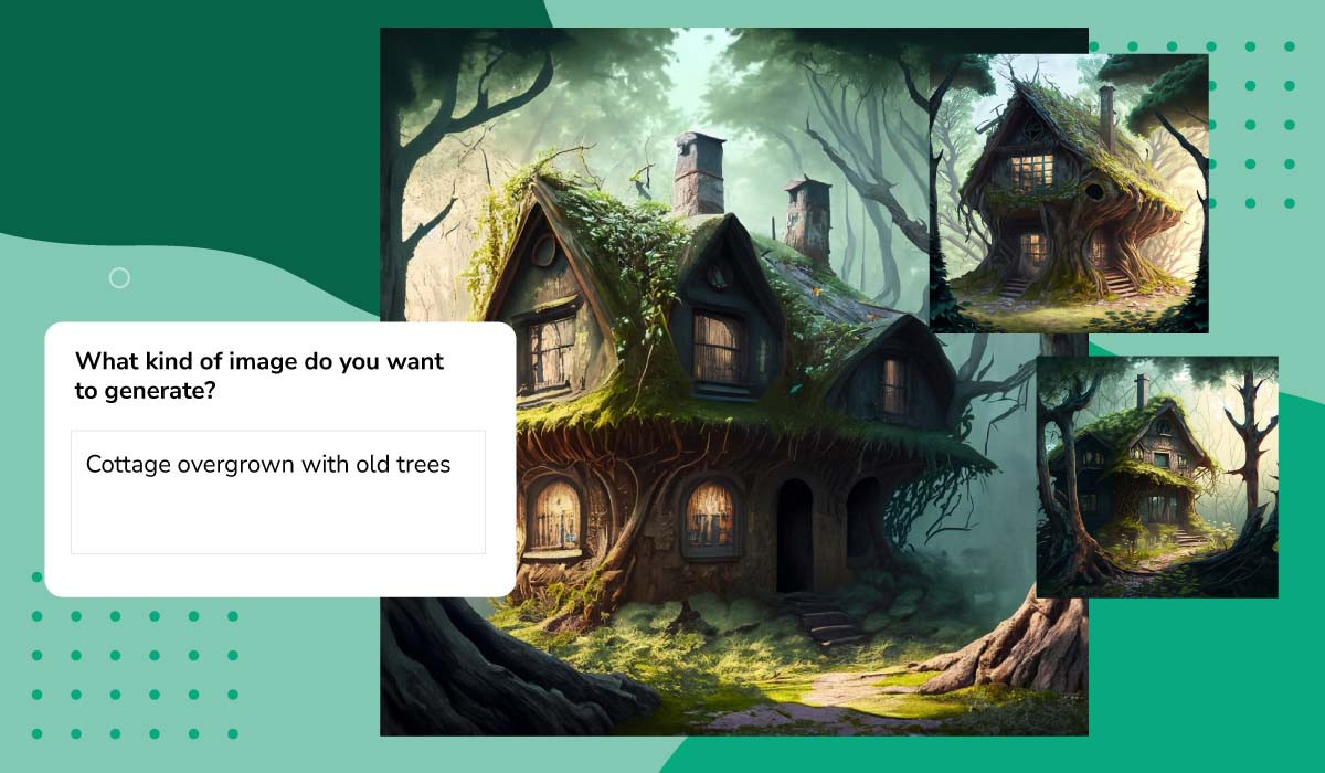 Abbildung dreier unechter, von Bäumen überwachsener Häuser im Wald, die von der generativen KI Adobe Firefly erzeugt wurden.