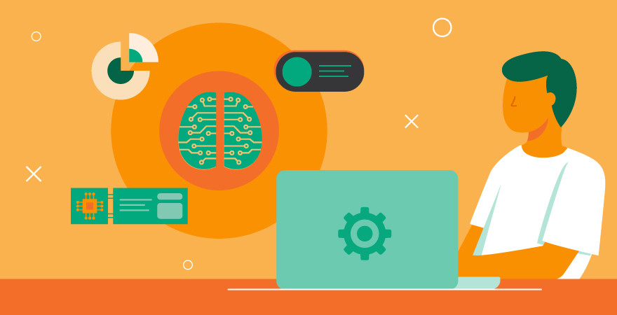 Abbildung eines Mannes an einem Laptop vor einem orangefarbenen Hintergrund, er ist umgeben von Symbolen, die Big Data, ein neuronales Netzwerk und einen Grafikprozessor repräsentieren.