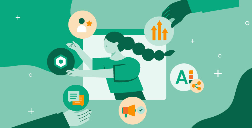 Eine Marketingexpertin mit Zopf interagiert mit Symbolen, die verschiedene Aspekte aus dem Brand Management repräsentieren.