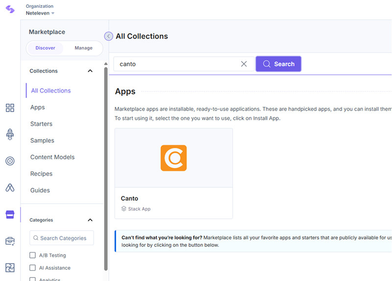 Screenshot der Canto Integration in Contentstack.