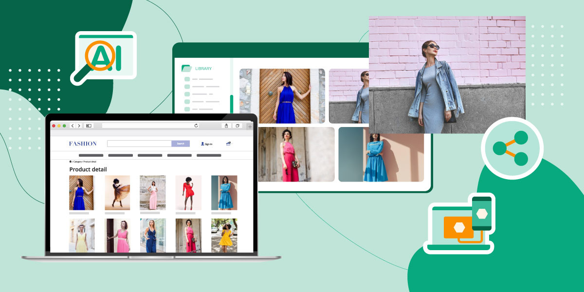 Bilder einer Modemarke in einer DAM-Medienbibliothek, umgeben von Symbolen, die Digital Asset Management-Trends darstellen.