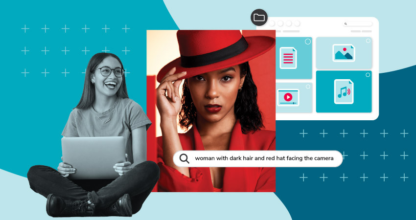 Die AI Visual Search von Canto zeigt ein Bild aus einem Modemagazin, auf dem ein Model mit dunklem Haar und rotem Hut in die Kamera blickt.