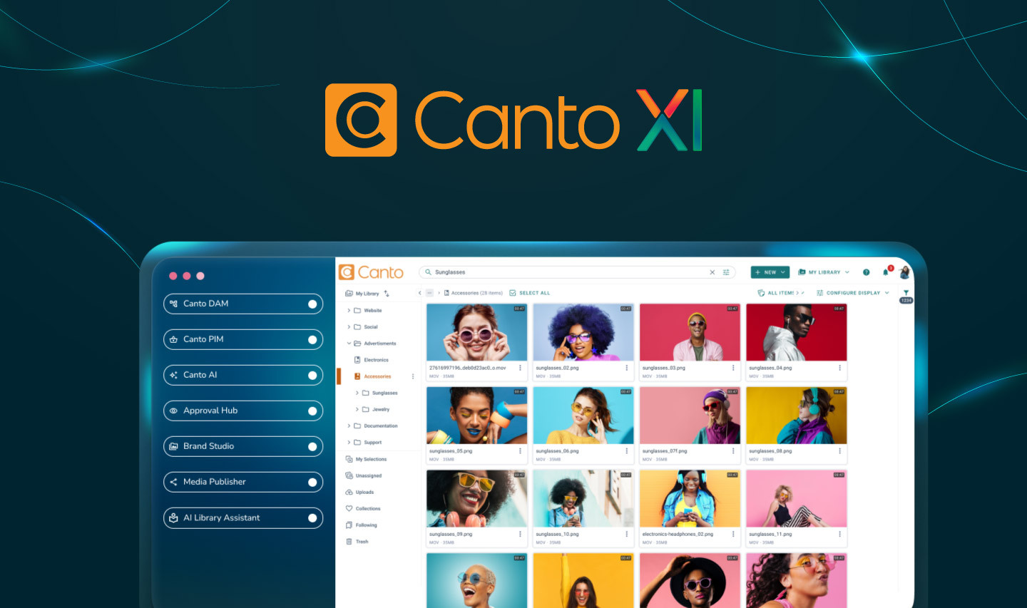 Das Logo von Canto XI oberhalb der neuen Canto XI Medienbibliothek, mit speziellen Schaltflächen für die neuen Funktionen zur Verbesserung des Arbeitsablaufs auf der linken Seite sowie Bildern von Models innerhalb der Medienbibliothek.