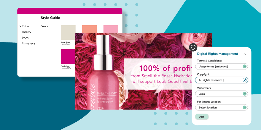 Das Titelbild zeigt Assets einer Make-up-Marke in einem Ecommerce-DAM+PIM-System mit Dialogfenster to SKU und Produktbeschreibung.